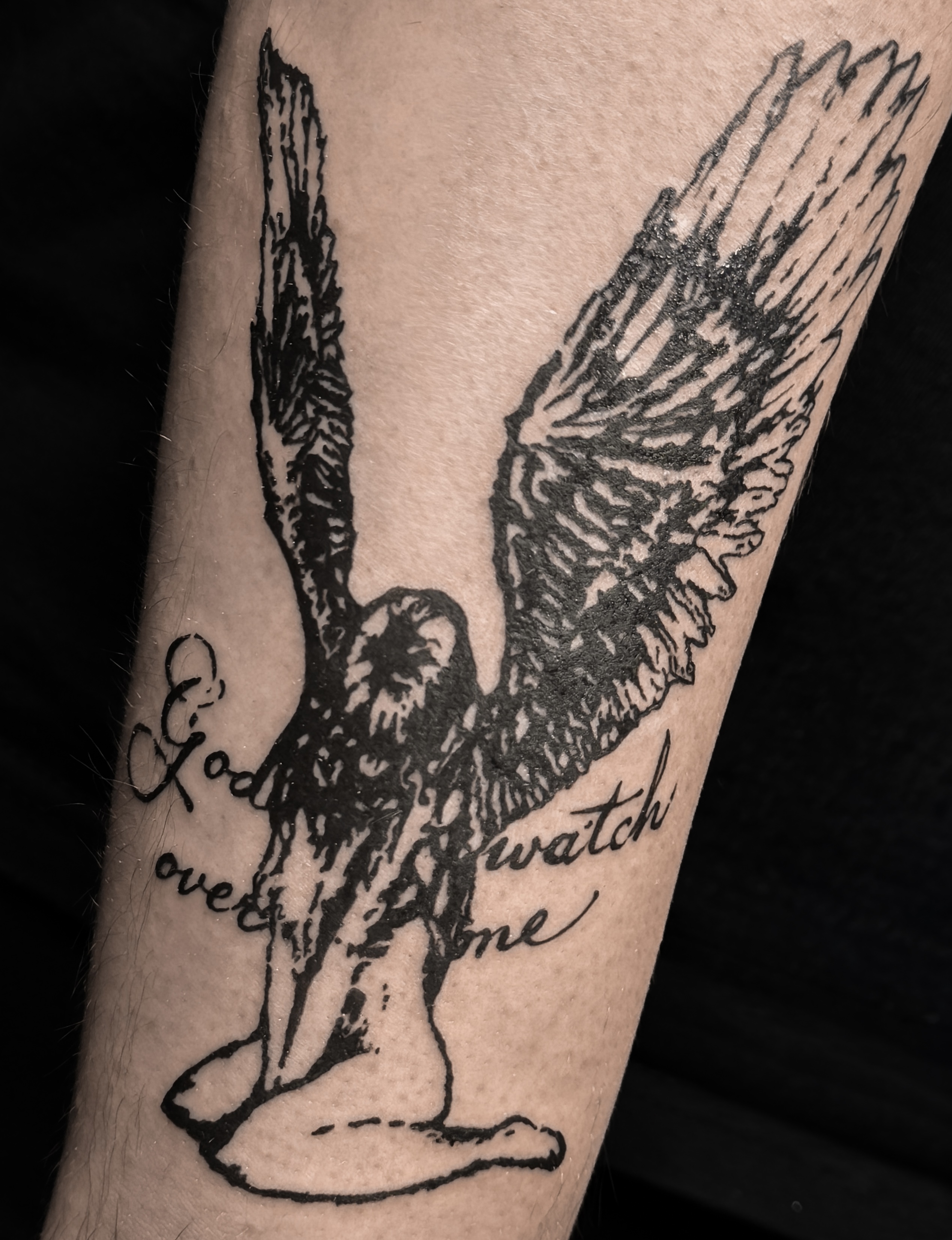 God watch over me — tatuaż graphic blackwork, przedramię , Wrocław